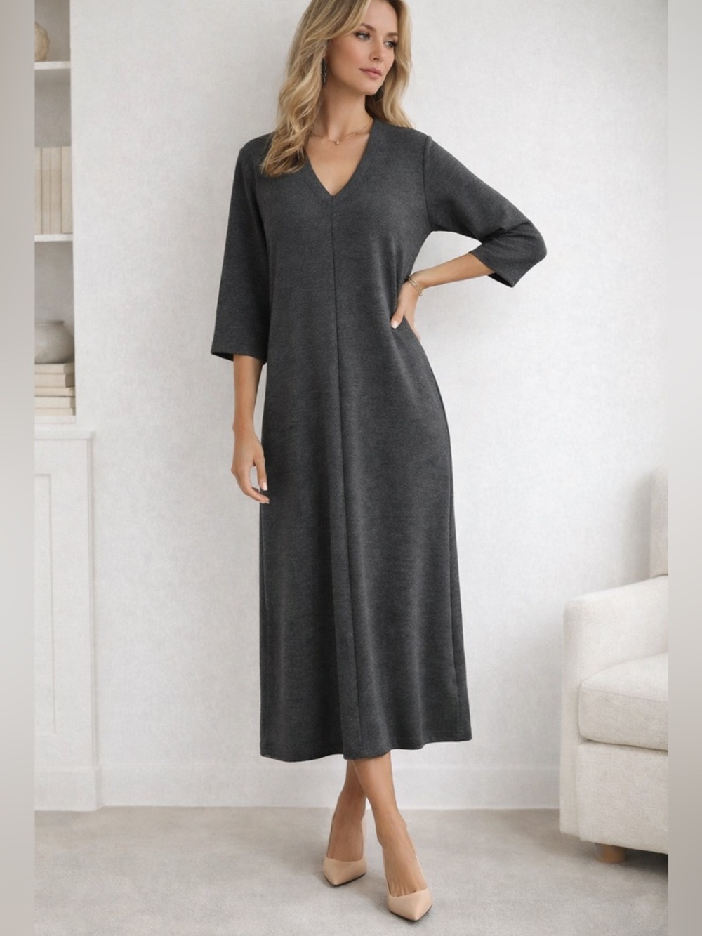 Lord‎ & Taylor Gray Knit Midi Shift Relaxed Dress V Neck Minimalist Women Size L